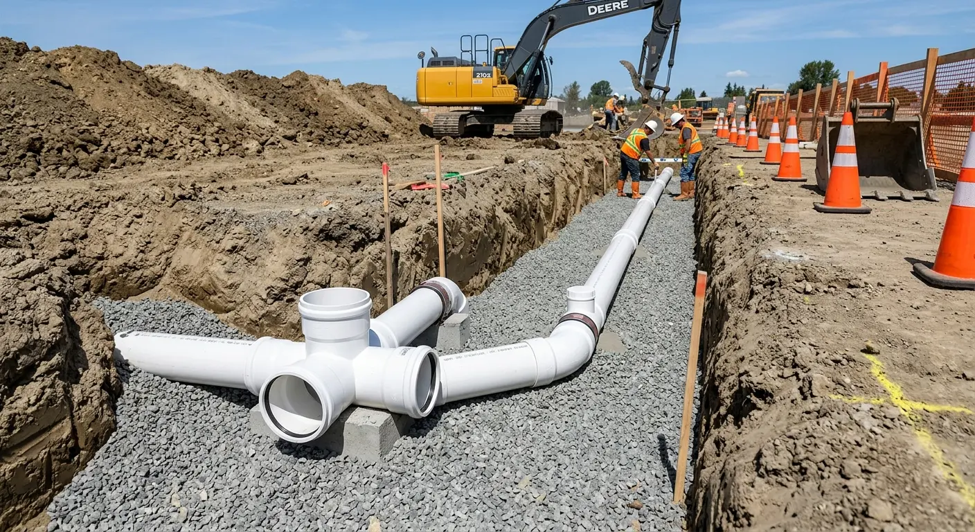 New PVC sewer pipe installation in open trench for Commercial Drain Cleaning in Holly Springs