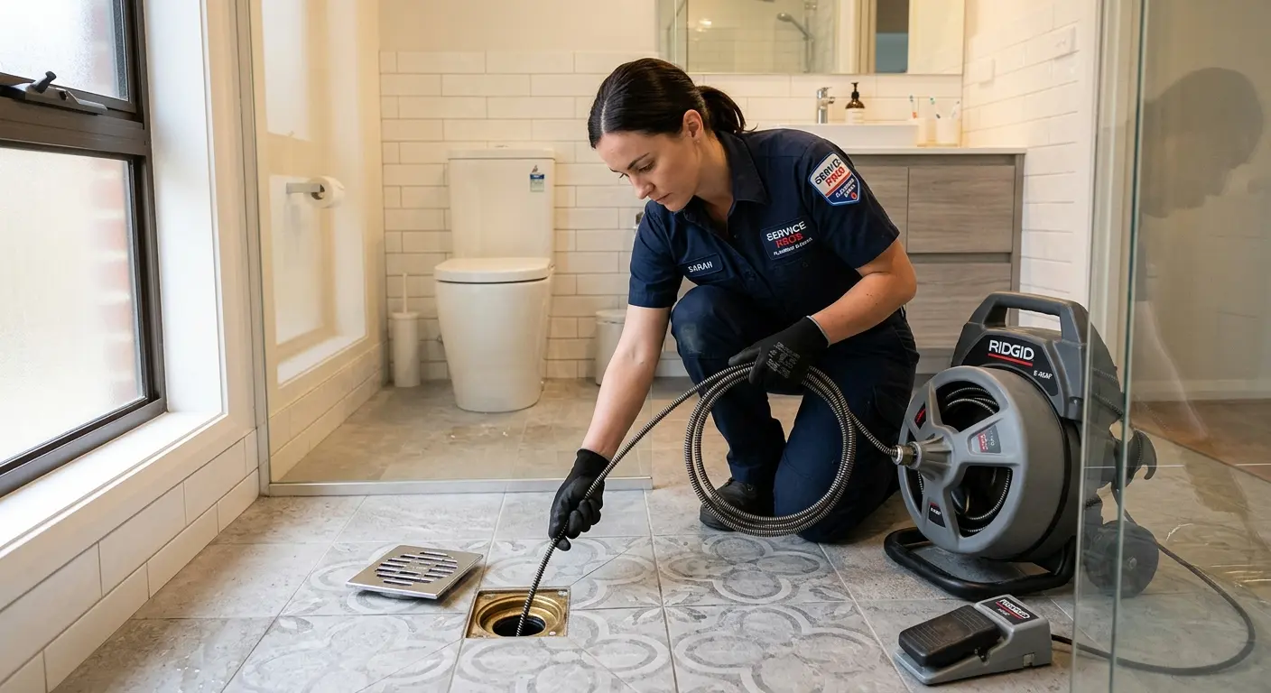 Technician clearing a bathroom floor drain for Drain Repair in Holly Springs